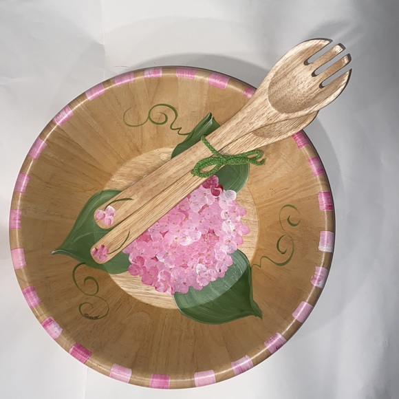 HP 🎉Pierrette Hand painted Hydrangea Green Leaf wooden bowl fork spoon server - Picture 12 of 14